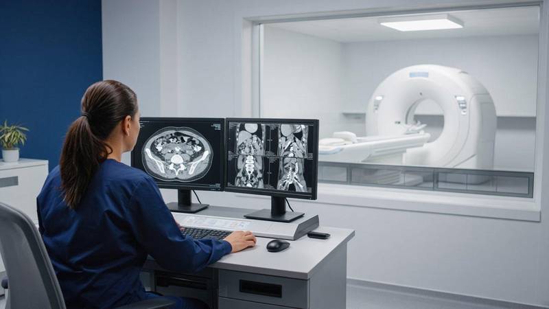 Technologist at a CT console in a hospital imaging department