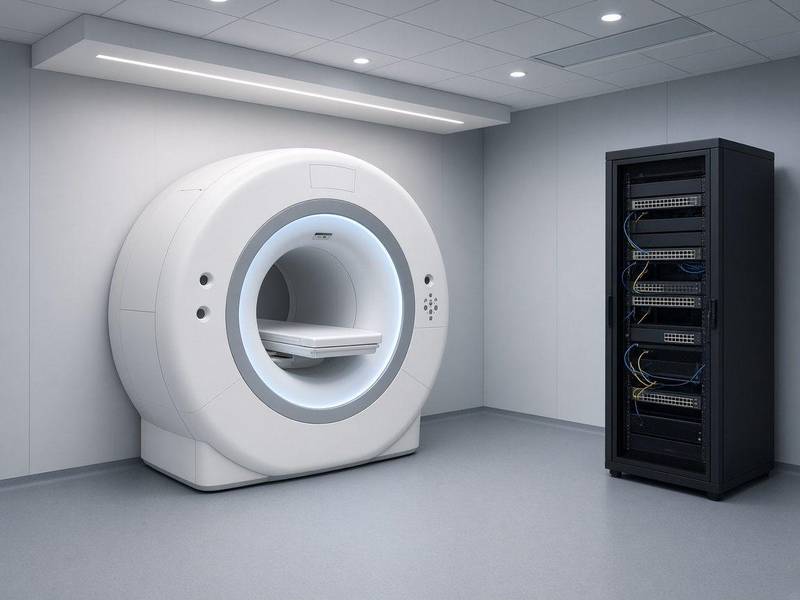 MRI suite and network equipment in a hospital imaging department