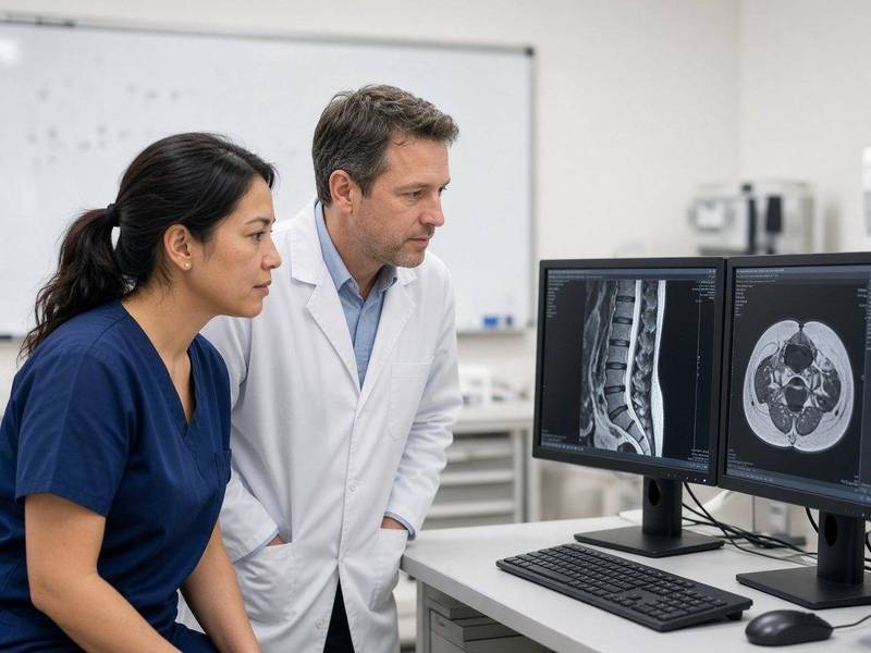 Radiologist and technologist reviewing a study at a diagnostic workstation